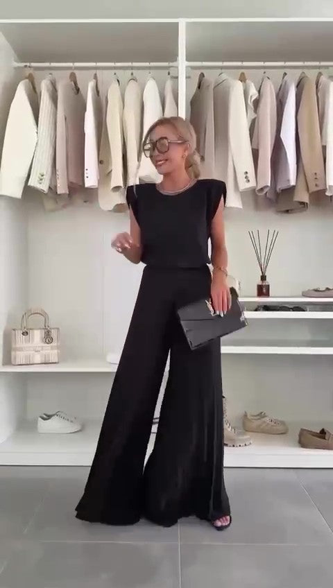 Completo Casual Maglia con Spalline Pantalone Plissettato a Palazzo Coordinato Colorato in 6 Colori - 7459