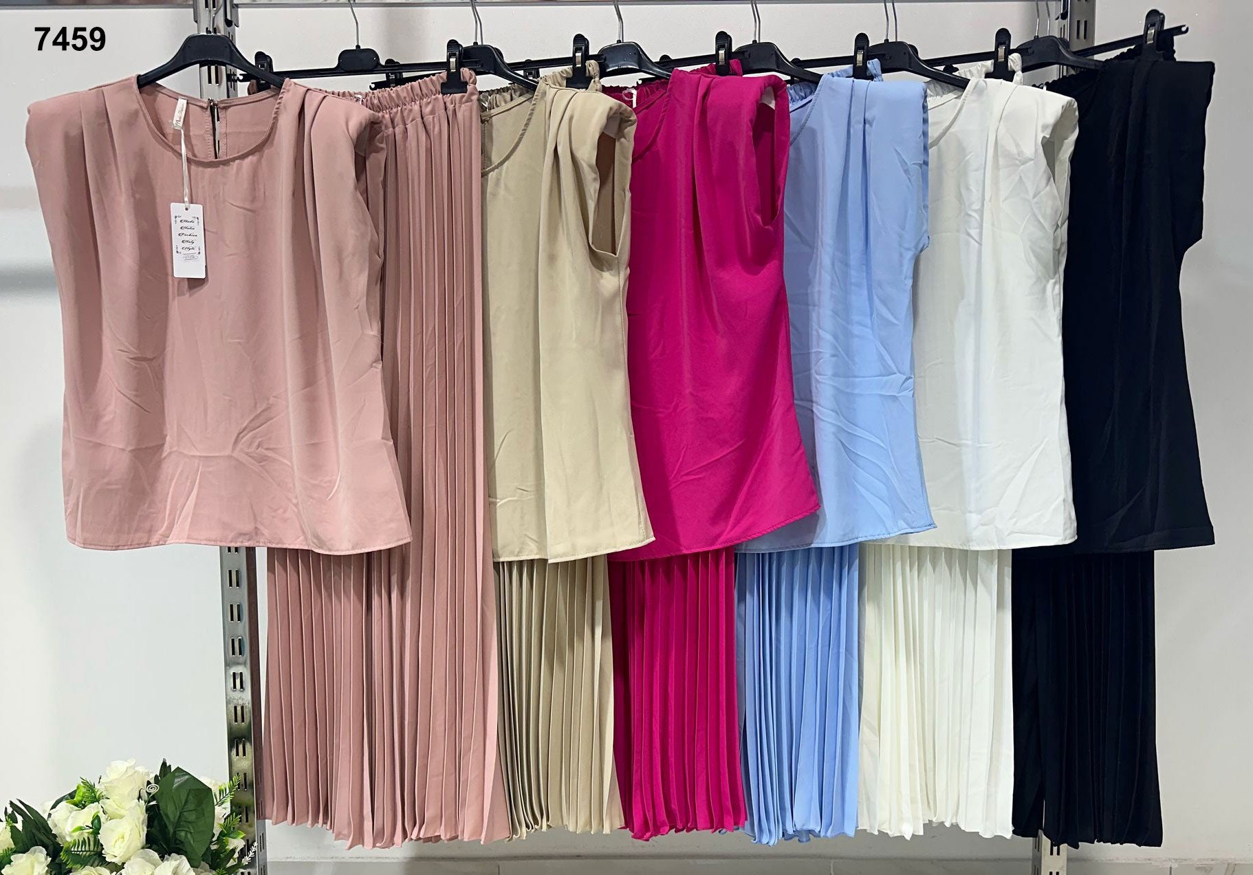 Completo Casual Maglia con Spalline Pantalone Plissettato a Palazzo Coordinato Colorato in 6 Colori - 7459