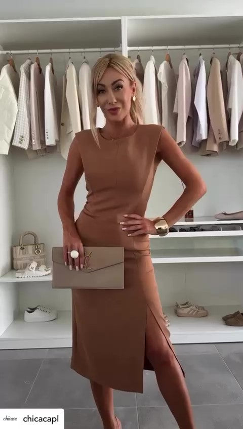 Abito Lungo Midi Smanicato Elegante Casual Spacco Laterale Vestito da Serata Romantico in 3 Colori - 7462
