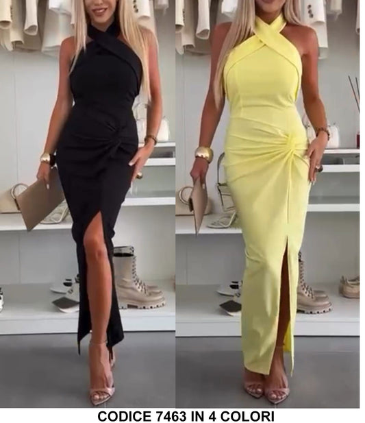 Abito Lungo Elegante Midi Spacco Laterla Nodo in Vita Allacciato al Collo Vestito Serata in 4 Colori - 7463