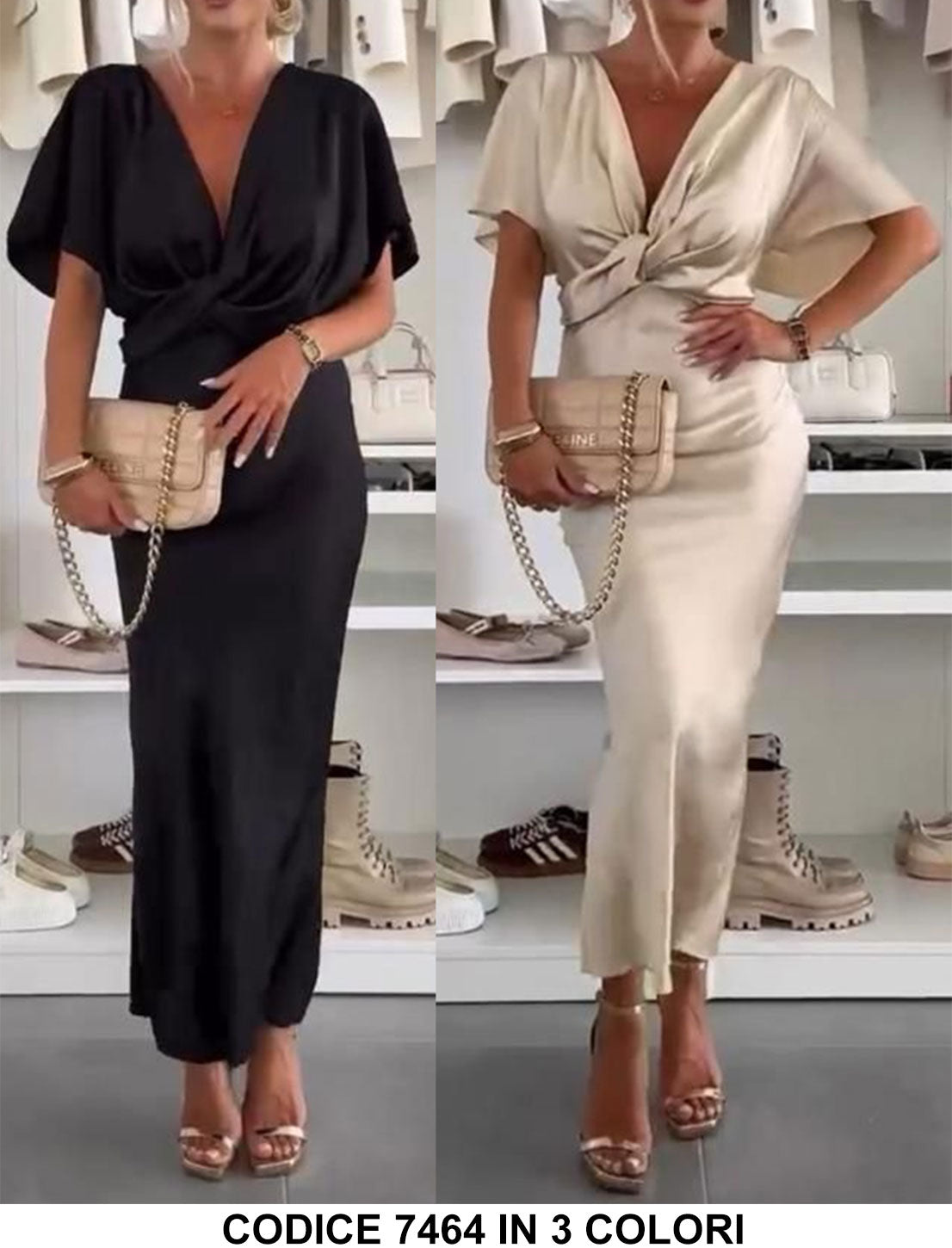 Abito Lungo Elegante Evento Effetto Rasato Mezza manica Scollo V Vestito Nodo in Vita in 3 Colori - 7464