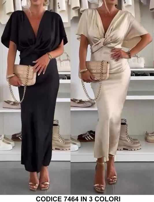 Abito Lungo Elegante Evento Effetto Rasato Mezza manica Scollo V Vestito Nodo in Vita in 3 Colori - 7464