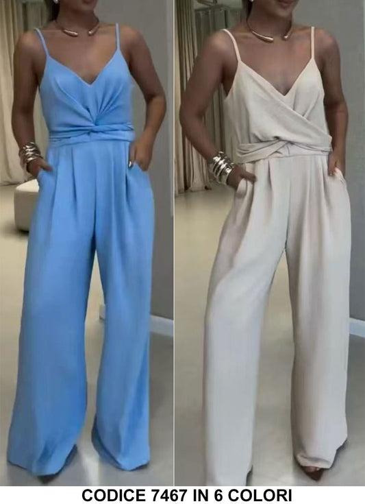 Tuta Intera Casual con Bretelle Pantalone Zampa Fascia Modellabile Jumpsuit Evento in 6 Colori - 7467