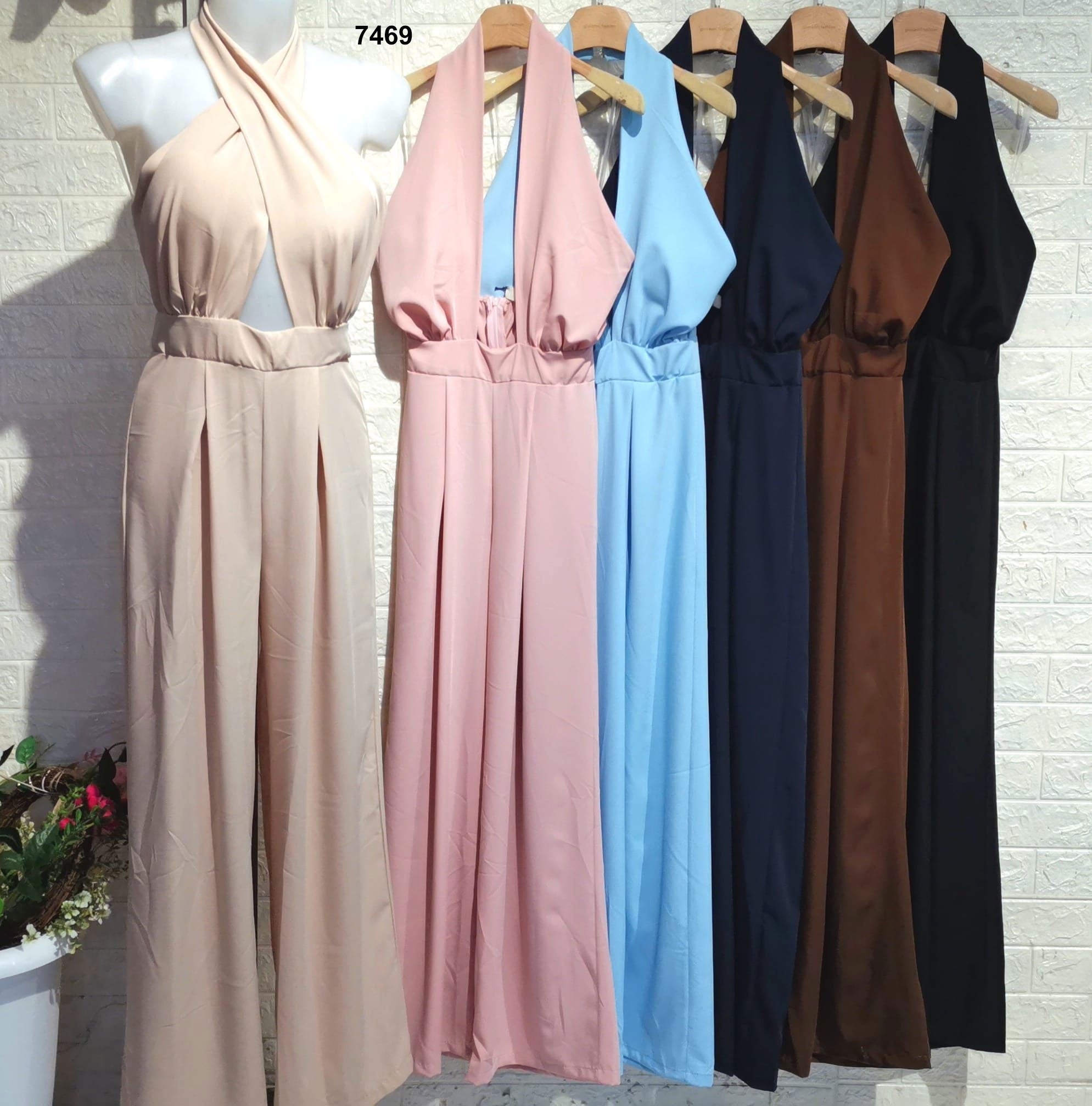 Tuta Elegante Intera Allacciato al Collo ad Incrocio Pantalone Palazzo Jumpsuit Evento in 6 Colori - 7469