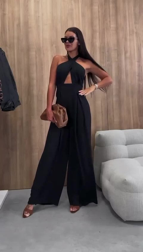 Tuta Elegante Intera Allacciato al Collo ad Incrocio Pantalone Palazzo Jumpsuit Evento in 6 Colori - 7469