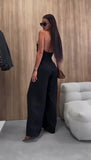 Tuta Elegante Intera Allacciato al Collo ad Incrocio Pantalone Palazzo Jumpsuit Evento in 6 Colori - 7469