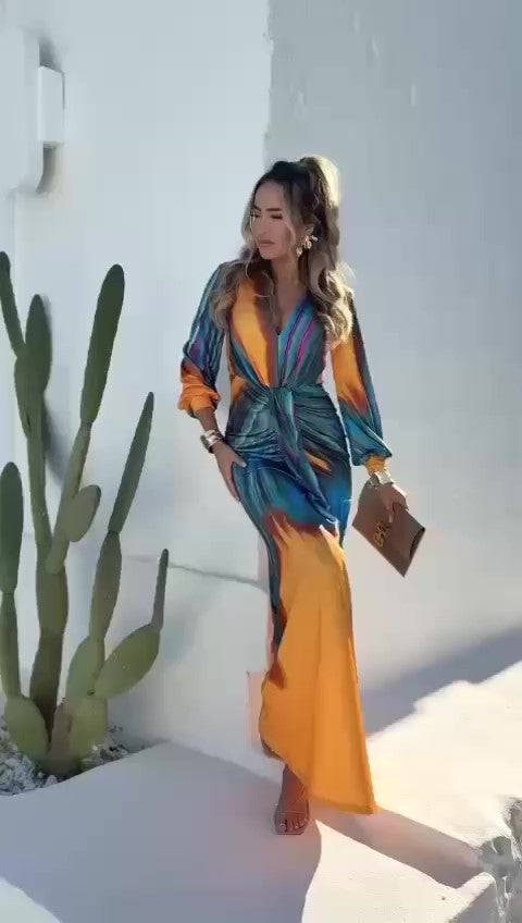 Abito Lungo Bicolore Arancio Blu Manica Lunga Scollo V Stampa Astratta Vestito Elegante - 7471