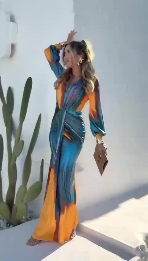 Abito Lungo Bicolore Arancio Blu Manica Lunga Scollo V Stampa Astratta Vestito Elegante - 7471