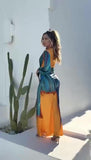 Abito Lungo Bicolore Arancio Blu Manica Lunga Scollo V Stampa Astratta Vestito Elegante - 7471