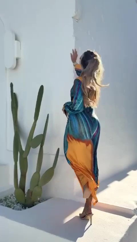 Abito Lungo Bicolore Arancio Blu Manica Lunga Scollo V Stampa Astratta Vestito Elegante - 7471