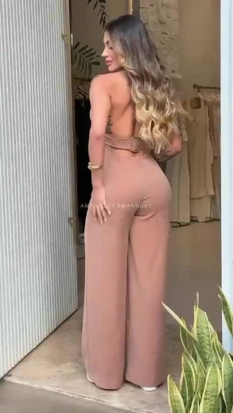 Tuta Lunga Intera Schiena Scoperta Bottoni Oro Gioiello Jumpsuit Pantalone Palazzo in 3 Colori - 7472
