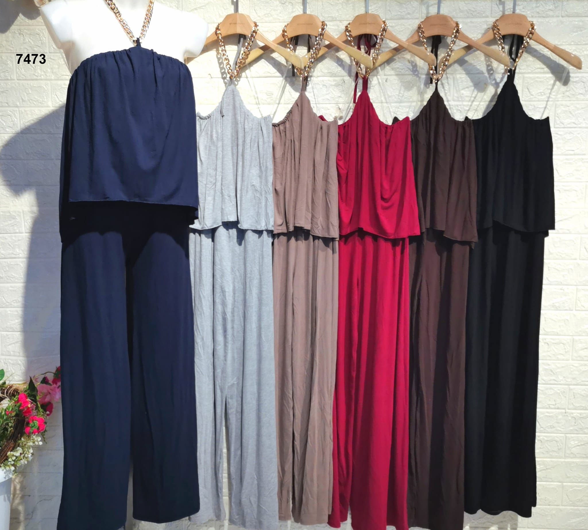 Tuta Elegante Intera Allacciata con Collana Dorata Collo Pantalone Palazzo Jumpsuit Evento in 6 Colori - 7473