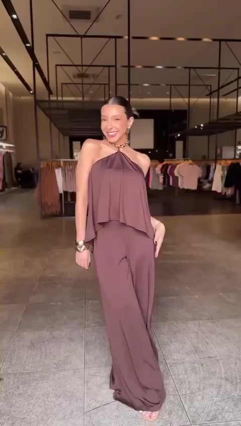 Tuta Elegante Intera Allacciata con Collana Dorata Collo Pantalone Palazzo Jumpsuit Evento in 6 Colori - 7473