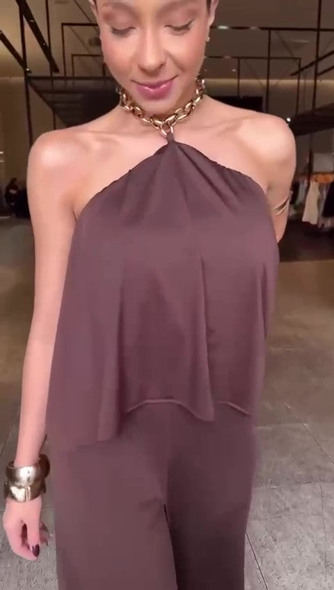 Tuta Elegante Intera Allacciata con Collana Dorata Collo Pantalone Palazzo Jumpsuit Evento in 6 Colori - 7473