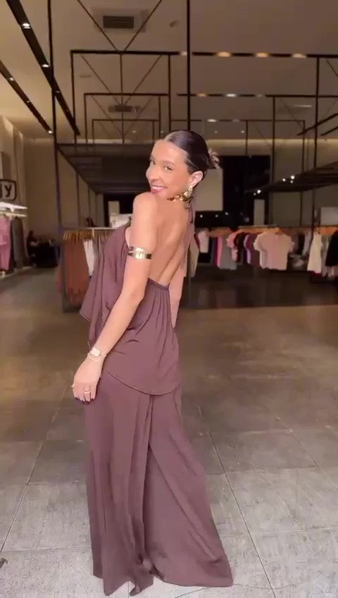 Tuta Elegante Intera Allacciata con Collana Dorata Collo Pantalone Palazzo Jumpsuit Evento in 6 Colori - 7473