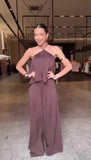 Tuta Elegante Intera Allacciata con Collana Dorata Collo Pantalone Palazzo Jumpsuit Evento in 6 Colori - 7473