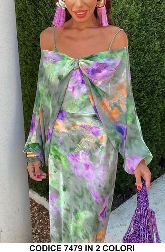 Abito Lungo Colorato Elegante Nodo alla Scollatura con Rouche Pendente Vestito Spalle Fuori in 2 Colori - 7479