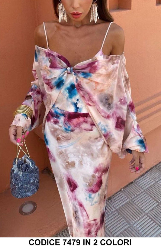 Abito Lungo Colorato Elegante Nodo alla Scollatura con Rouche Pendente Vestito Spalle Fuori in 2 Colori - 7479