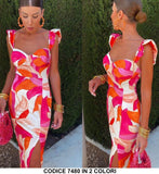 Abito Lungo Colorato Elegante Stampa Astratta Spacco Laterale Vestito Serata Evento in 2 Colori - 7480