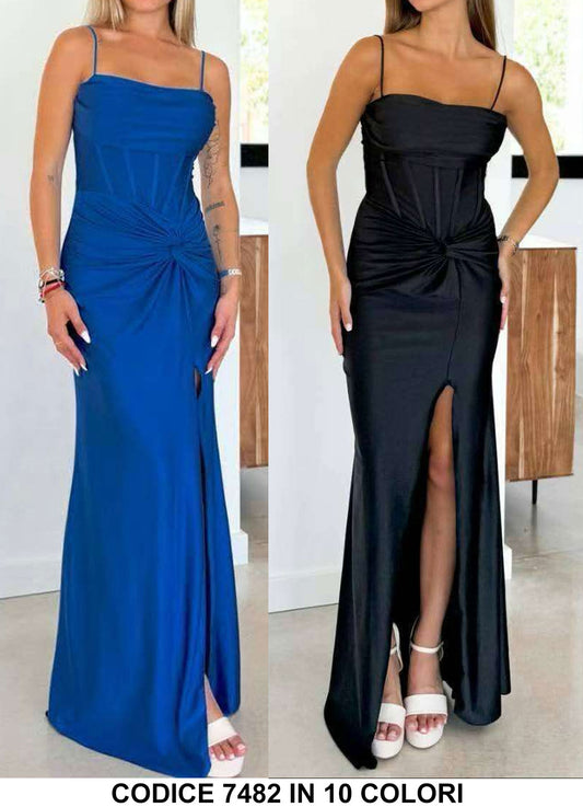 Abito Lungo Elegante Cerimonia Spacco Laterale Stecchette dul Busto Schiena Scoperta Vestito in 10 Colori - 7482