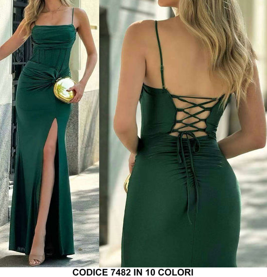 Abito Lungo Elegante Cerimonia Spacco Laterale Stecchette dul Busto Schiena Scoperta Vestito in 10 Colori - 7482