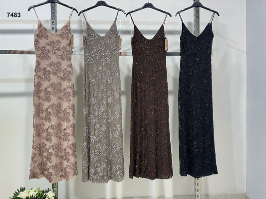 Abito Lungo Elegante Cerimonia Bretelle Applicazione di Strass Vestito Serata Fashion in 4 Colori - 7483