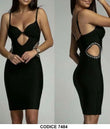 Abito Corto Nero Elegante da Cerimonia Applicazione Strass Cut Out Vestito Serata Tubino Sensuale - 7484