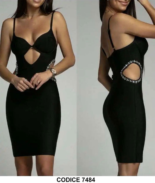 Abito Corto Nero Elegante da Cerimonia Applicazione Strass Cut Out Vestito Serata Tubino Sensuale - 7484