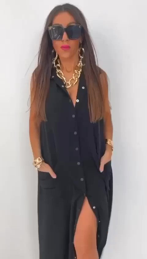 Tuta Intera Larga con Bottoni Chemisier Effetto Vestito con Colletto e Tasche Jumpsuit Fashion in 5 Colori - 7486