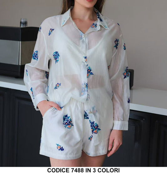 Completo Casual Camicia Manica Lunga Pantaloncini Shorts Coordinato Stampa Floreale in 3 Colori - 7488