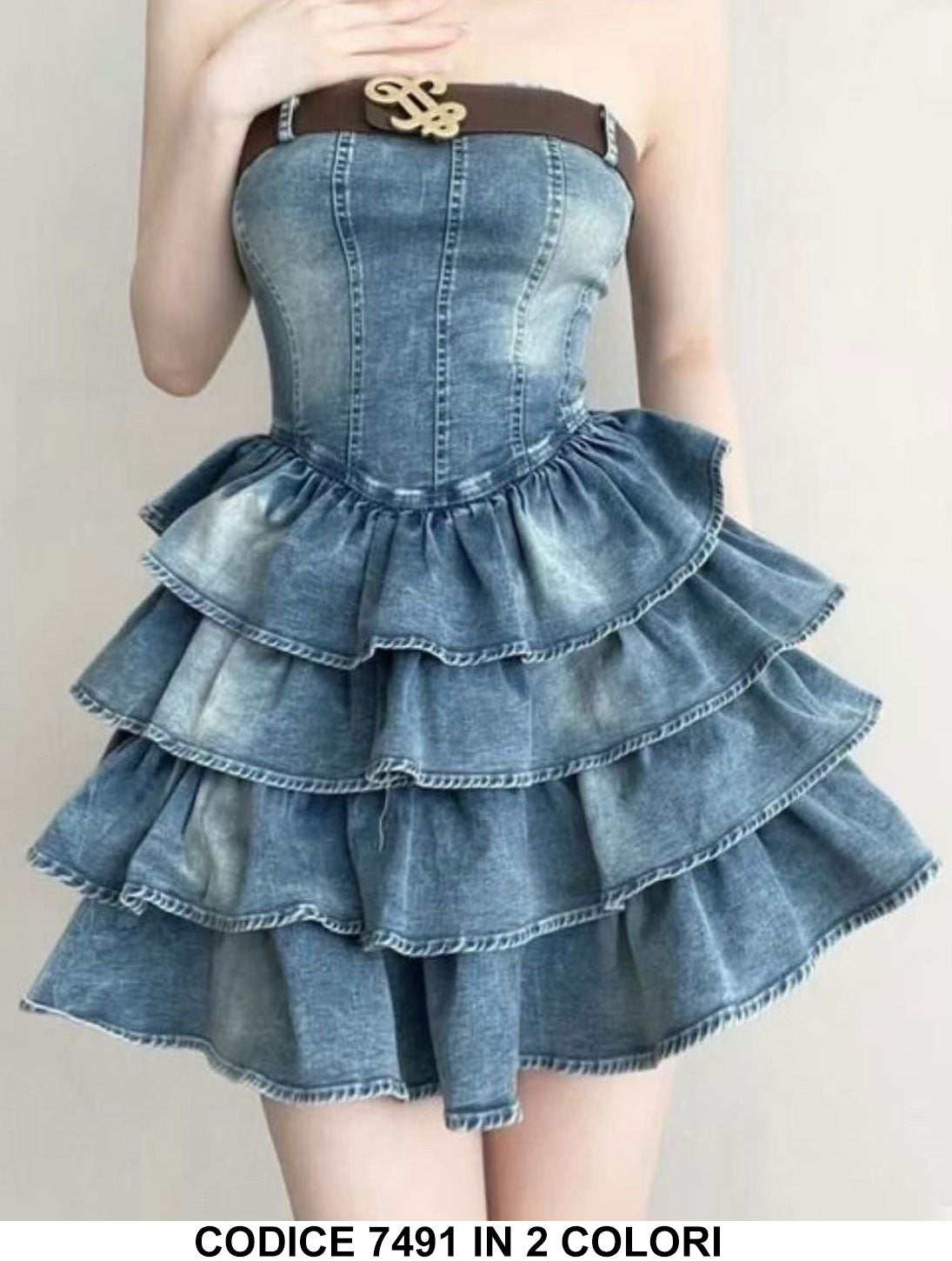 Abito Fashion in Jeans con Balze Cintura in Cuoi sulla Scollatura Vestito Casual Serata Evento in 2 Colori - 7491