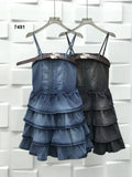 Abito Fashion in Jeans con Balze Cintura in Cuoi sulla Scollatura Vestito Casual Serata Evento in 2 Colori - 7491