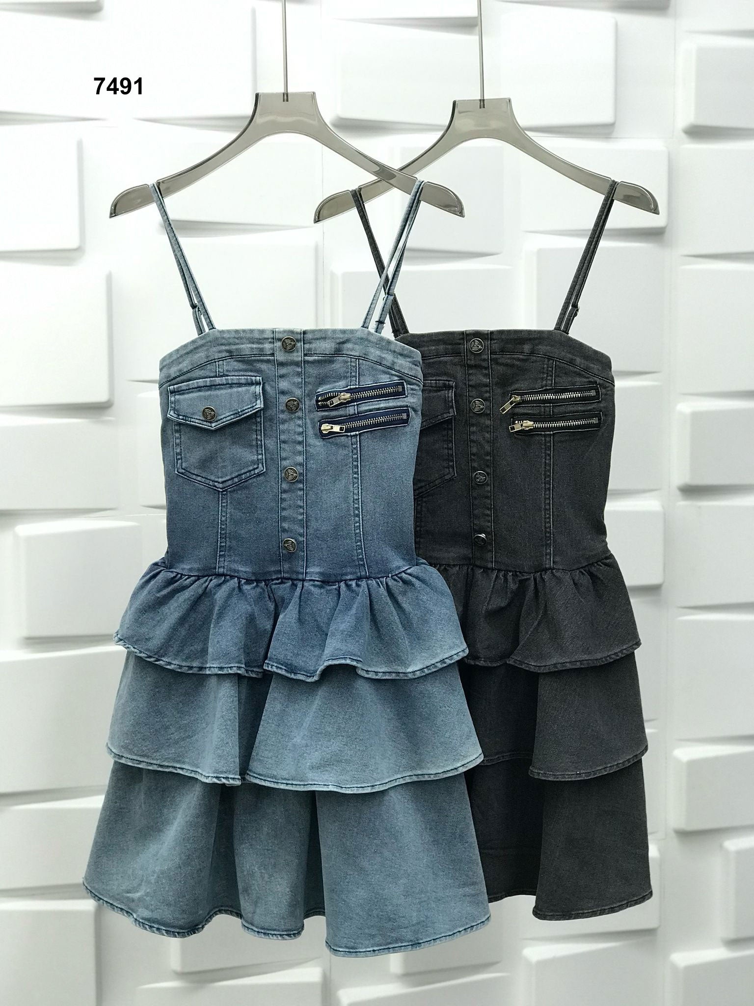 Abito Fashion in Jeans con Balze Cintura in Cuoi sulla Scollatura Vestito Casual Serata Evento in 2 Colori - 7491