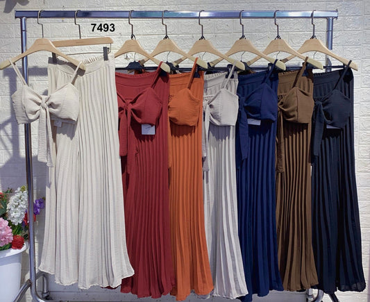 Completo Casual Top Reggiseno con Fiocchetto Pantalone Plissettato Largo Palazzo Coordinato in 7 Colori - 7493