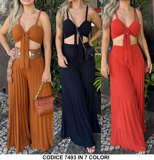 Completo Casual Top Reggiseno con Fiocchetto Pantalone Plissettato Largo Palazzo Coordinato in 7 Colori - 7493