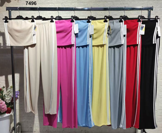 Completo Sportivo Maglia Top Pantalone Lungo Palazzo Tuta Sportiva Righe Verticali bianche in 7 Colori - 7496
