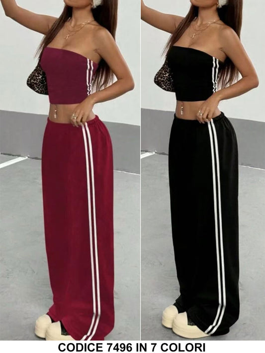 Completo Sportivo Maglia Top Pantalone Lungo Palazzo Tuta Sportiva Righe Verticali bianche in 7 Colori - 7496