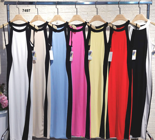 Abito Lungo Casual Bicolore con Bordo Nero Vestito Tubino Serata Evento Allacciato al Collo in 7 Colori - 7497