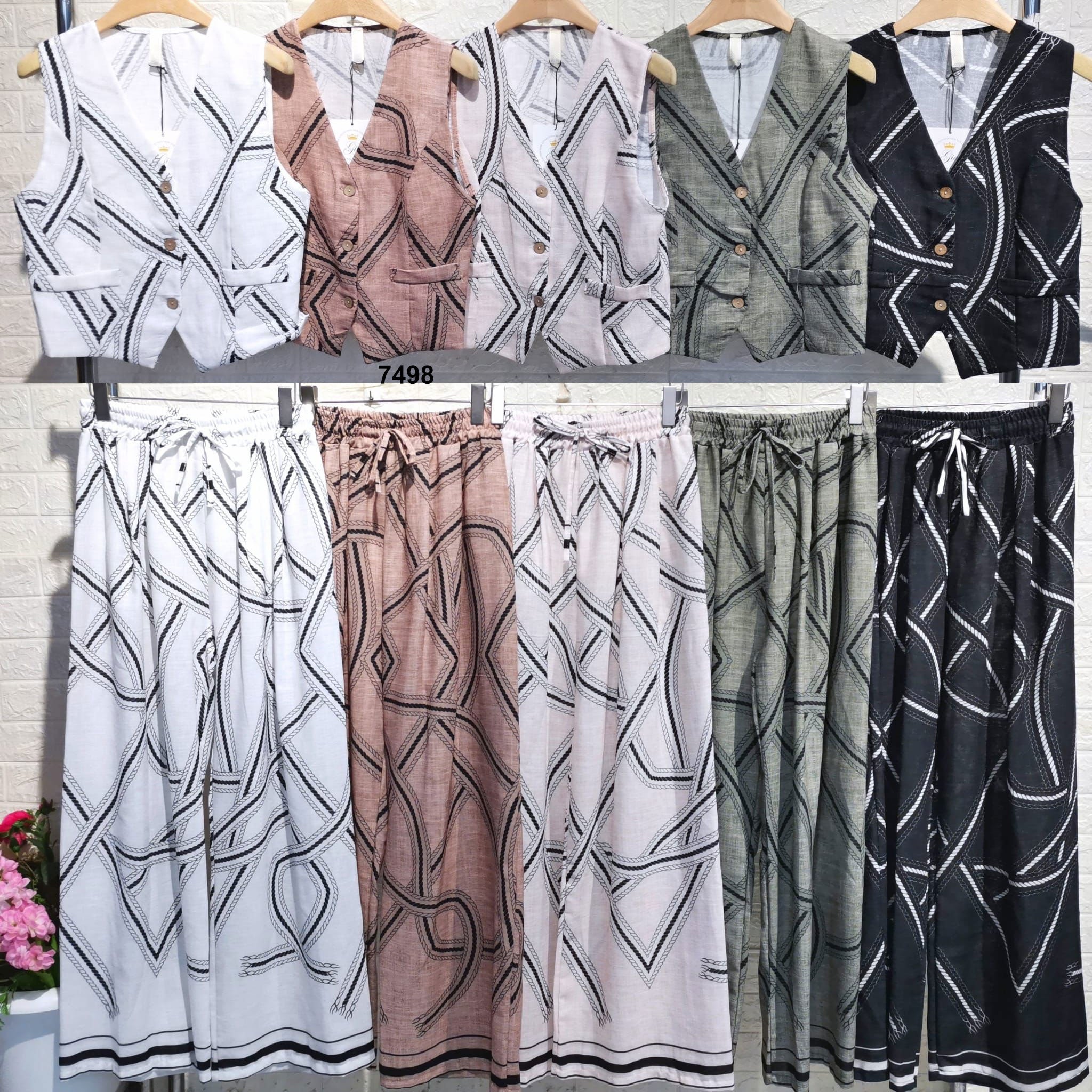 Completo Elegante Tailleur Gilet Pantalone Palazzo Stampa Geometrica Astratta Coordinato Casual in 5 Colori - 7498