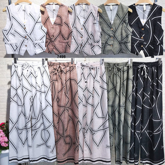Completo Elegante Tailleur Gilet Pantalone Palazzo Stampa Geometrica Astratta Coordinato Casual in 5 Colori - 7498