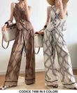 Completo Elegante Tailleur Gilet Pantalone Palazzo Stampa Geometrica Astratta Coordinato Casual in 5 Colori - 7498