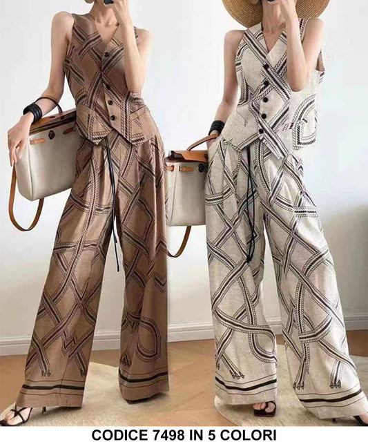Completo Elegante Tailleur Gilet Pantalone Palazzo Stampa Geometrica Astratta Coordinato Casual in 5 Colori - 7498