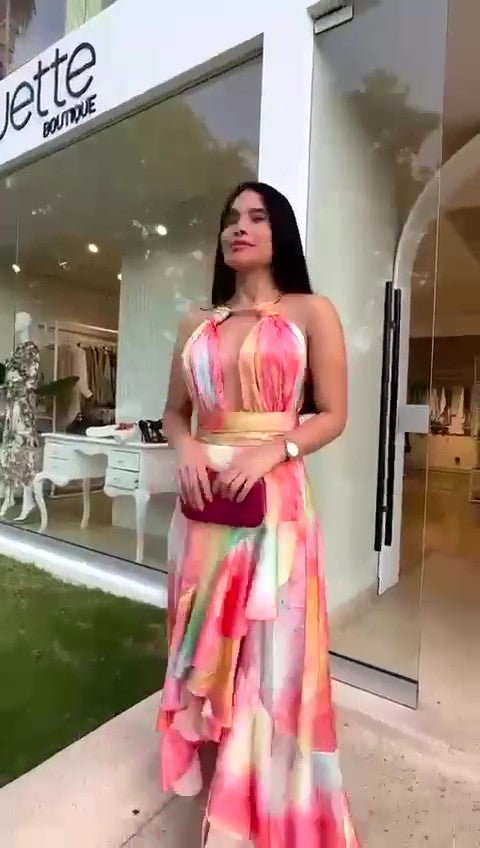 Abito Lungo Colorato Asimmetrico Allacciato al Collo Vestito Multicolore Elegante Casual in 4 Colori - 7499