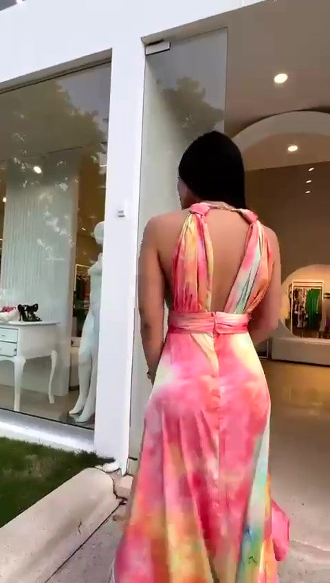 Abito Lungo Colorato Asimmetrico Allacciato al Collo Vestito Multicolore Elegante Casual in 4 Colori - 7499