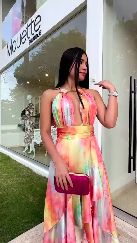 Abito Lungo Colorato Asimmetrico Allacciato al Collo Vestito Multicolore Elegante Casual in 4 Colori - 7499