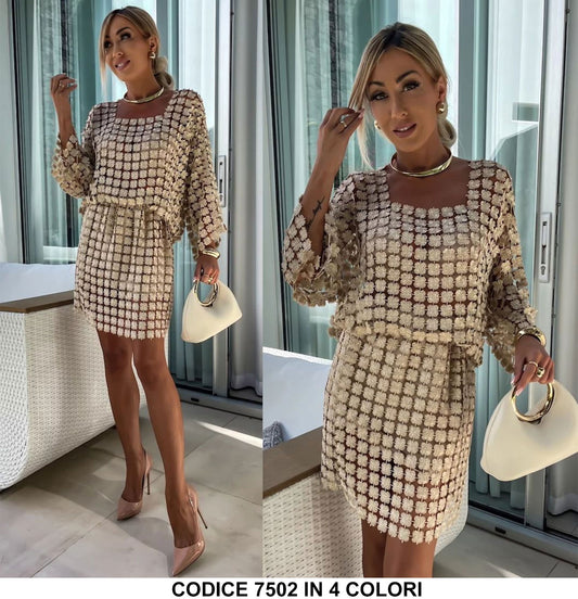 Completo Casual Chic Maglia Manica Lunga Gonna Midi Stampa Quadrifoglio Coordinato Elegante in 4 Colori - 7502