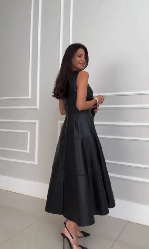 Abito Lungo in eco Pelle Nero Smanicato Elegante Vestito Midi Casual con Cintura Nera - 7503