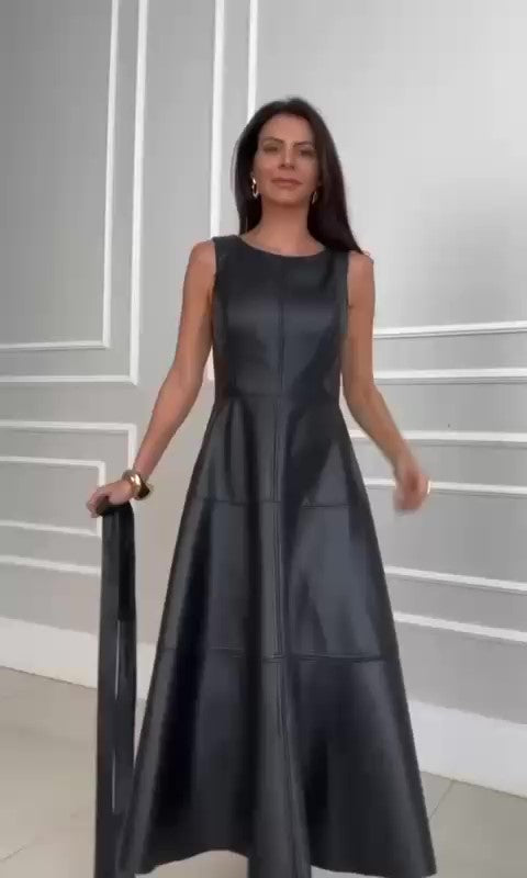 Abito Lungo in eco Pelle Nero Smanicato Elegante Vestito Midi Casual con Cintura Nera - 7503