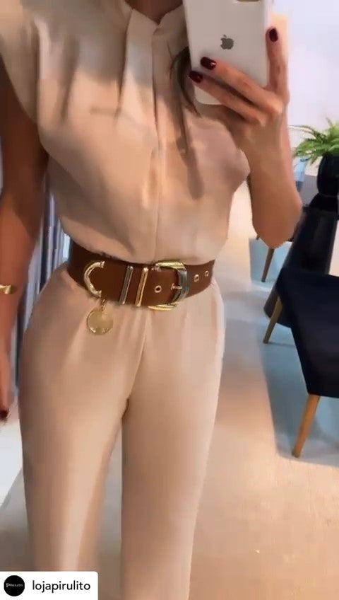 Tuta Elegante Intera Spalline Strutturate Jumpsuit Casual con Fiocco e Cintura in Beige o Nero - 7504