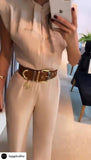 Tuta Elegante Intera Spalline Strutturate Jumpsuit Casual con Fiocco e Cintura in Beige o Nero - 7504